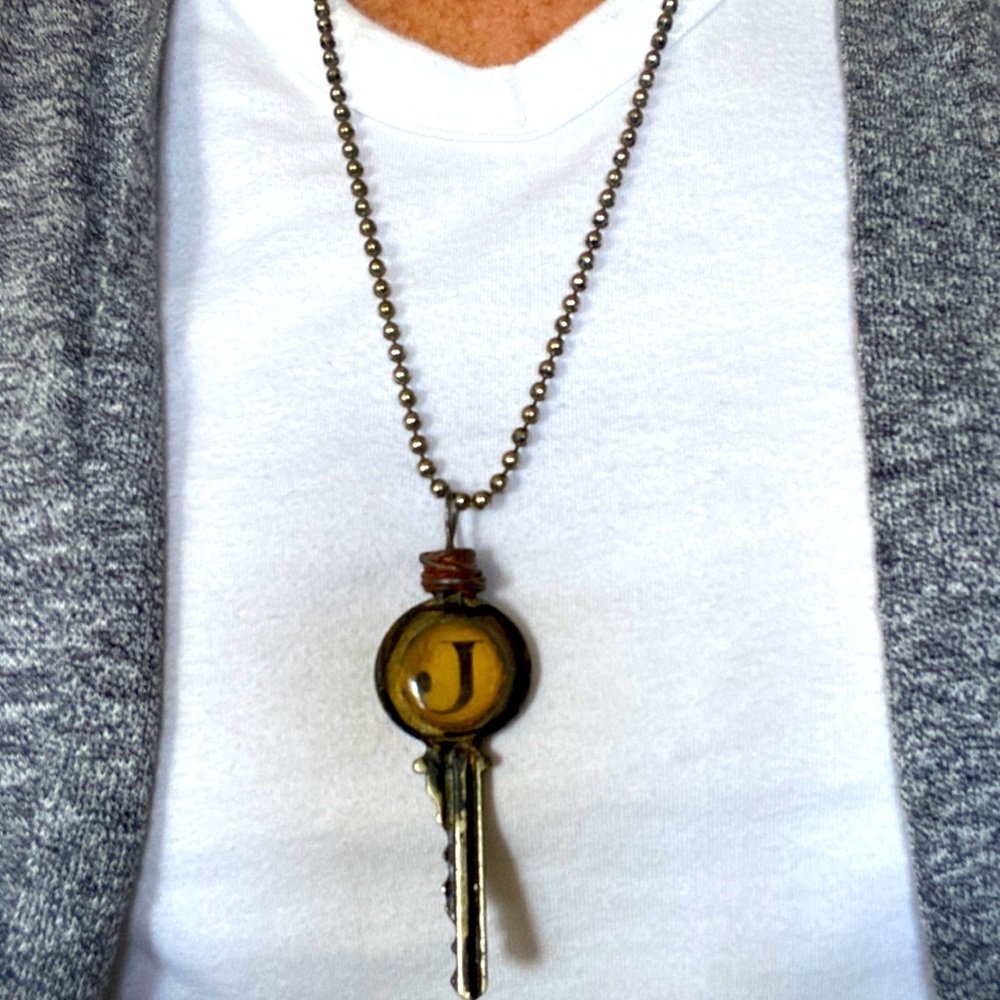 Handmade initial “J” KEY necklace.